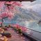 Romantic Spring Getaway Cherry Blossoms, Peaceful Terrace by the Lake Live Wallpaper